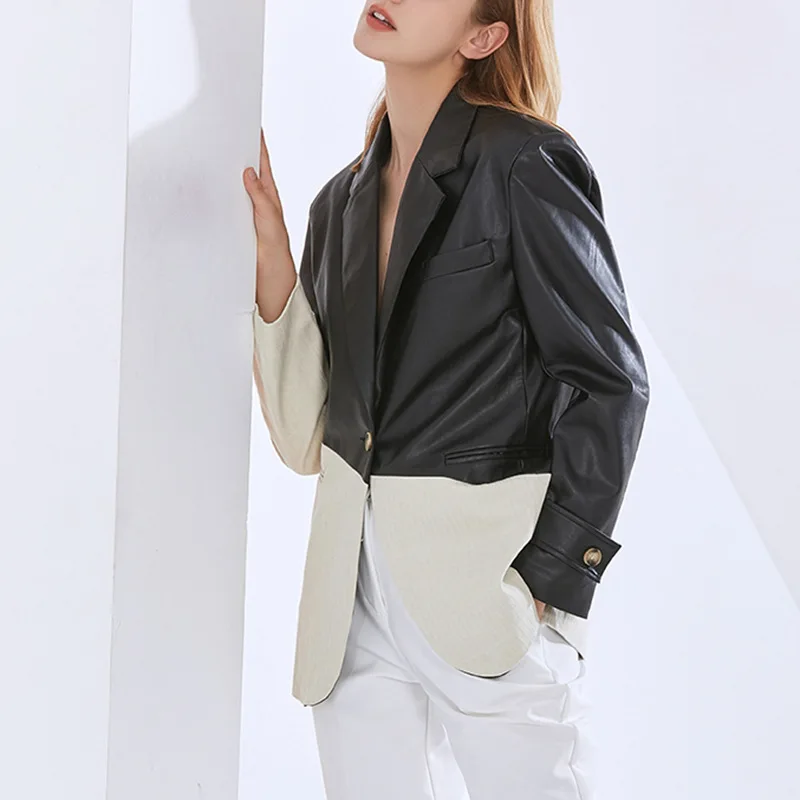 PU Leather Blazers Black Contrast Beige Loose Patchwork Suits Women Long Sleeve Single Button Blazer Office Lady Work Clothing