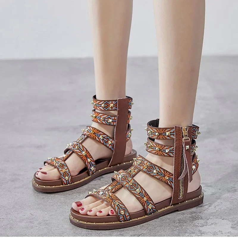 

2022 Summer New Fairy Ethnic Style Fashion Platform Gladiator Sandals Roman Rivets Beach Vacation Casual Flats Women's Sandals