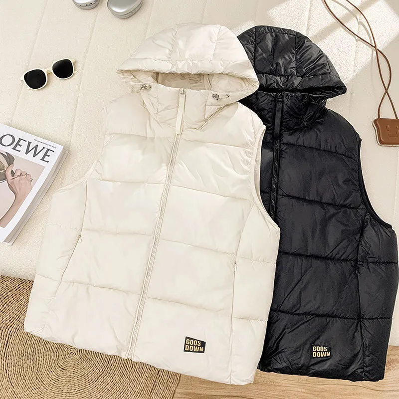 

PinkyIsBlack Hooded Vest Women Autumn Winter Short Loose Lovers Sleeveless Jacket 2023 New Solid Outwear Female Cotton Waistcoat