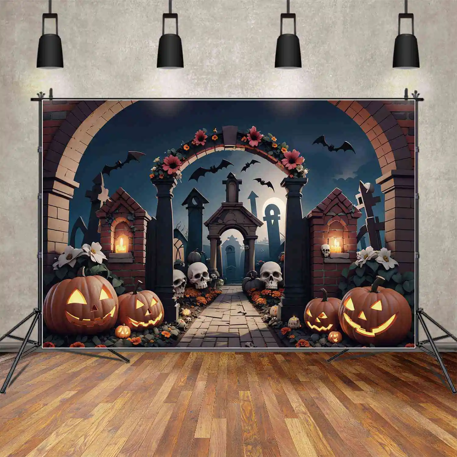 

MOON.QG Photography Backdrop Halloween Cemetery Archway Pumpkin Photo Booth Background Custom Baby Home Party Photographic Props