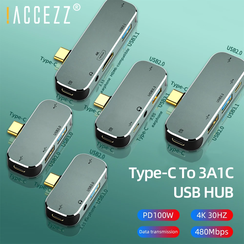 

!ACCEZZ 6 in 1 Type C Docking Station USB C HUB Type-C Splitter PD Charge USB 3.1 HDMI-compatible 4K 3.5 Jack For Macbook Laptop