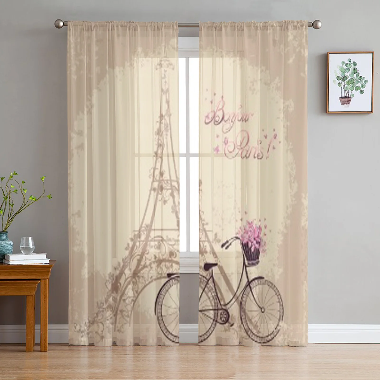 

Тюлевые прозрачные шторы Hello Paris с изображением Эйфелевой башни и велосипеда, для гостиной, кухни, декоративные занавески из органзы