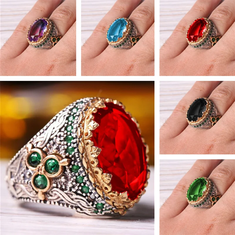 

New Gem Large Crystal Ring Luxury Men Attend The Banquet Gothic Ring Inlaid with Rhinestones Fashion Luxury High Quality Jewelry
