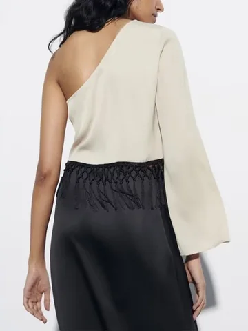 New women's all-match one-sleeved off-shoulder fringed asymmetric shirt + fashionable high-waist silk satin skirt