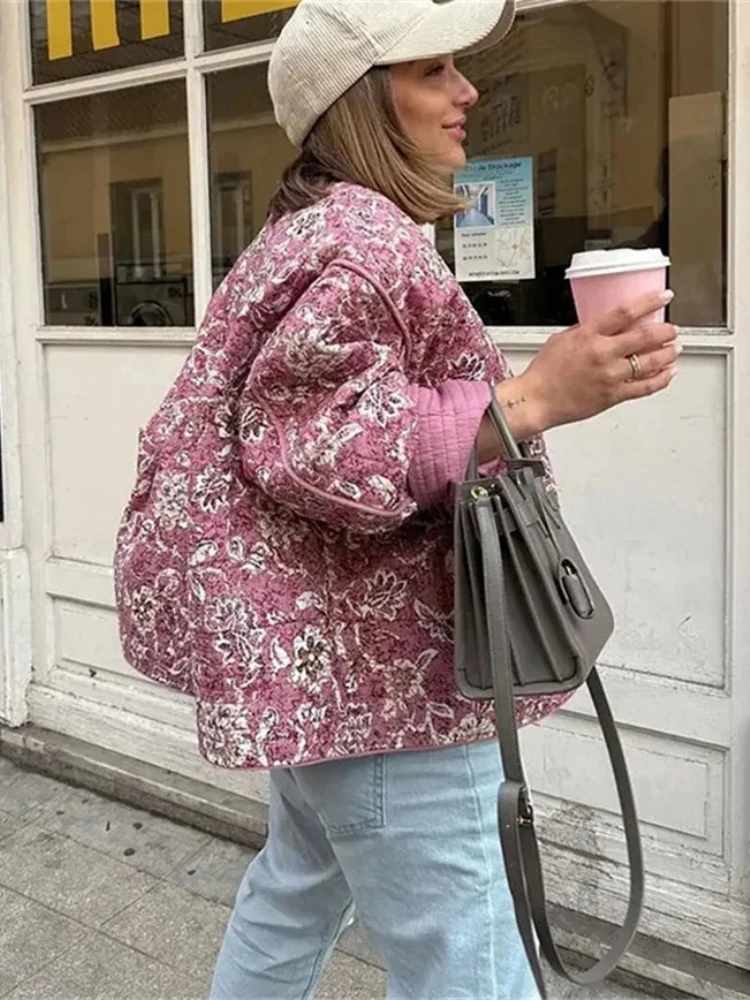 ZBZA Женская куртка с цветочным принтом свободная круглым вырезом однобортная в