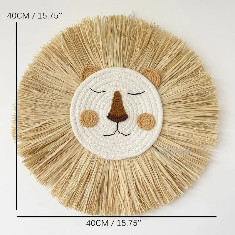 INS Nordic Handmade Lion Wall Decor Cotton Thread Straw Woven Animal Head Wall Hanging Ornament for Nursery Baby Room Decoration