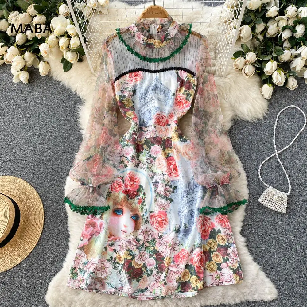 

Runway Palace Dresses Women O-neck Flare Long Sleeve Slim Retro Floral Tulle Patchwork A-line Short Dress Formal Luxury Robe