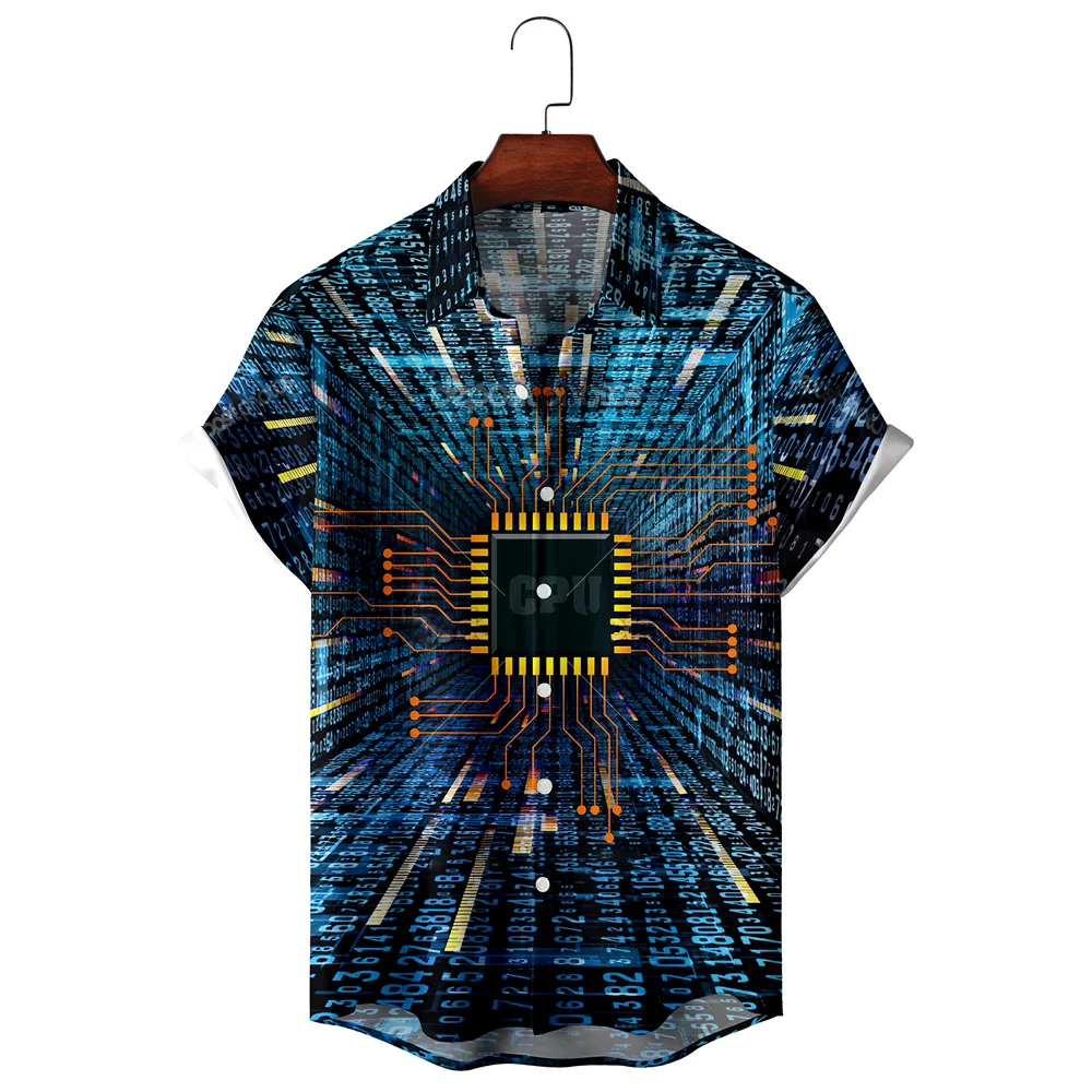 

2023 Hawaiian Shirt For Men 3D Electronic Chip Print Short Sleeve Blouse Casual Beach Shirt Oversized Top Tee Shirt Men Clothing