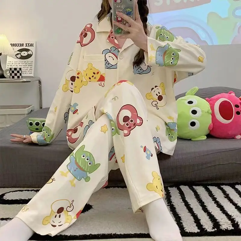 Nightgown for Women 2 Piece Long Sleeve Homesuit Kwaii Anime Pajamas Young Ladies Party Cozy Spring Autumn Home Clothes Bear