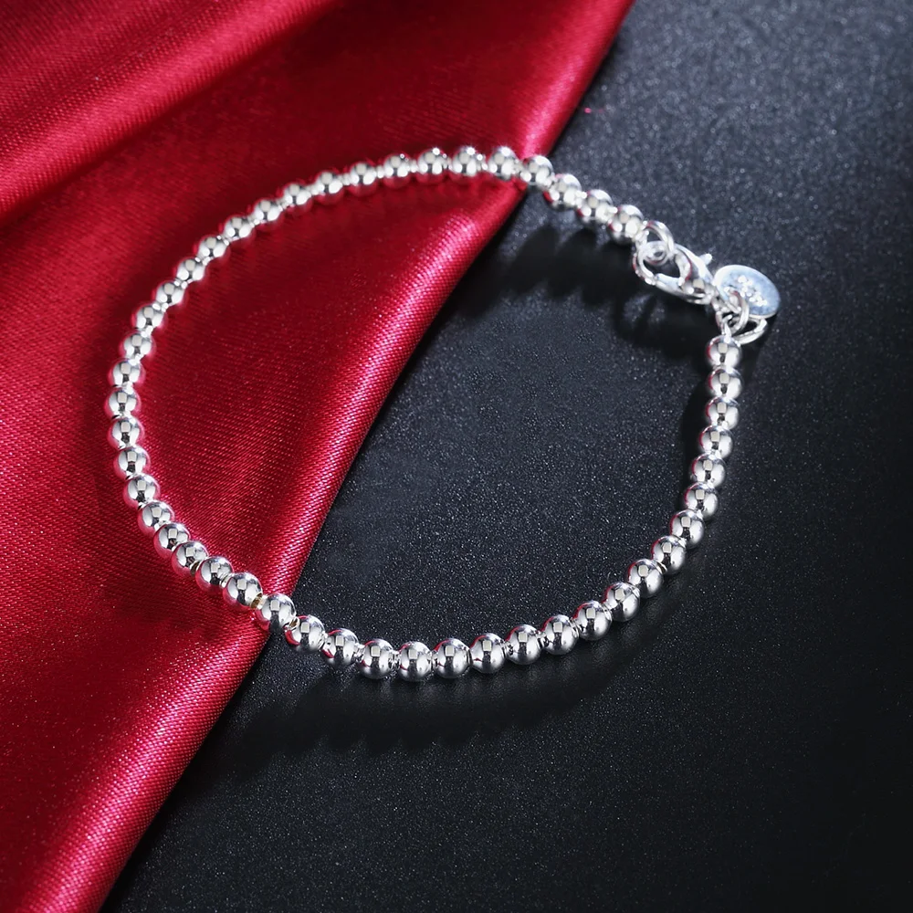 

925 silver color Classic 4MM round beads chain Bracelets for women Fashion Party Wedding Accessories Jewelry Christmas Gifts