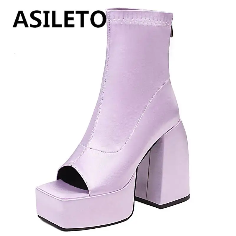 

ASILETO Fashion Women Summer Boots Open Toe Chunky Heels 12cm Platform 5cm Zipper Big Size 34-43 Solid Party Shoes Sexy S4126