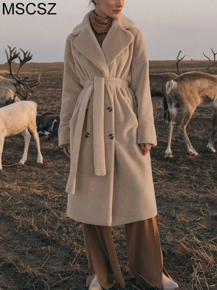 Long Faux Fur Coat Women Lapel Collar Double Breasted Oversized Winter Jacket Women 2022 Fashion Warm Parka Overcoat With Belt