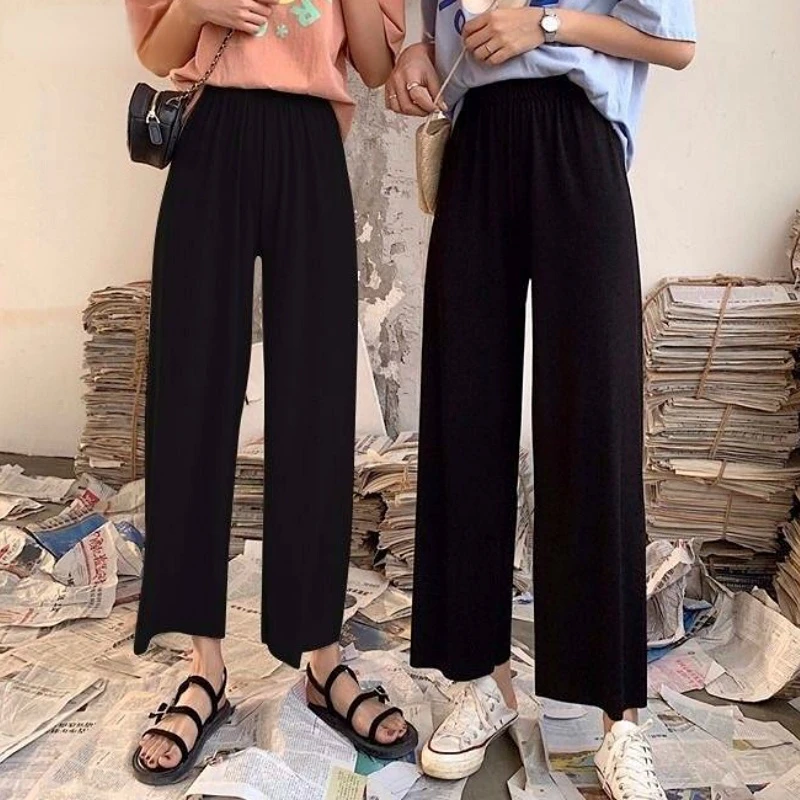 

2022 Wide Leg Pants Women Spring Pure Black Korean All-match Trendy Elegant Casual Daily Female Trousers Elastic Waist Hot Sale