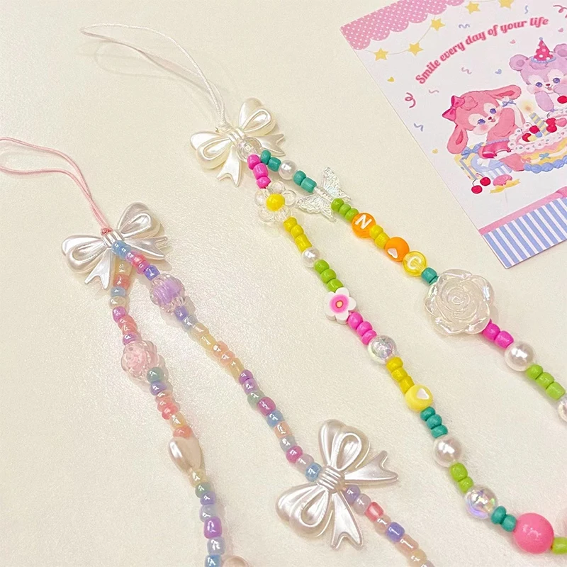 Romantic Colorful Flower Bow Tie Key Chain Ladies Fashion Cute Vintage Keychain Charm Korea 90s Aesthetic Bag Phone Chain Gifts