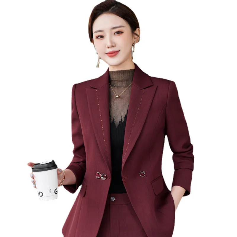 

High End Women Pant Suit Formal Office Ladies Business Work Wear Blazer And Trouser Claret Black Female Long Sleeve 2 Piece Set