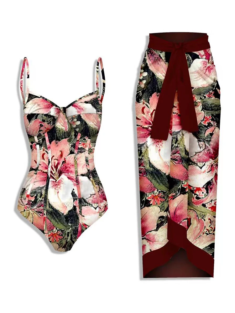 Lanswe2023 New Women Cover Printed Peony Fashion One-Piece Mini Bikini Sexy Swimsuit Boho Printed Spa Resort Brazil Swimwear