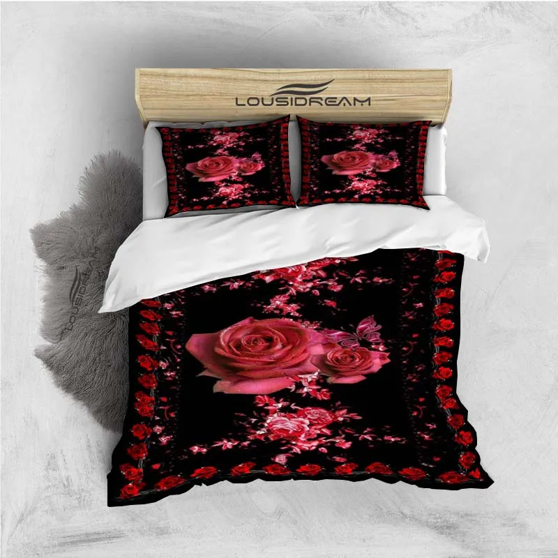 

Black Flower Bedding Set Rose Duvet Christianity Cover With Pillowcase Cute Home Textiles Double King Size