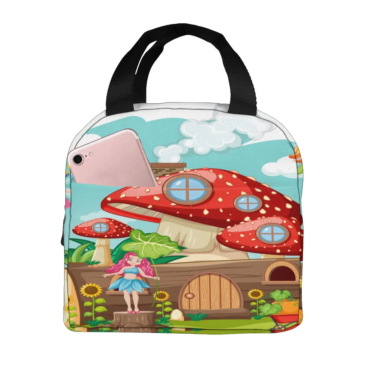 

Insulated Lunch Bag Thermal Fairy Tales Mushroom Timber House Tote Bags Cooler Picnic Food Lunch Box Bag