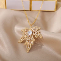 trendy zircon leaves necklace for women stainless steel large hollow maple leaf necklace boho party birthday jewelry gift