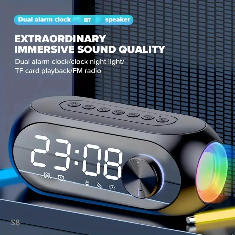 

S8 Wireless Bluetooth Speaker HD LED Display Multifunction Stereo Bass Speakers Alarm Clock FM Radio TF Card Aux Music Playback