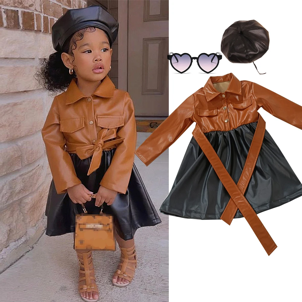 

Spring and Autumn Brown Leather Dress For Kids Girl A Line Knee Length Fashion Outfit Clothing Casual Long Sleeve Shirt Dress