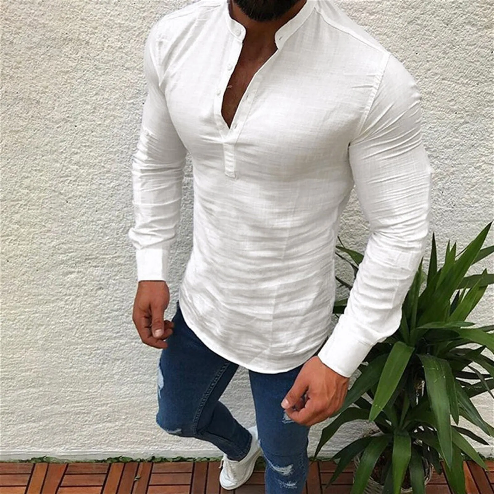 

Men Cotton Linen Shirts Casual Breathable Long Sleeve Henry Collar V Neck Slim Fit Button Shirts Male Business Fit Blouse Chemis