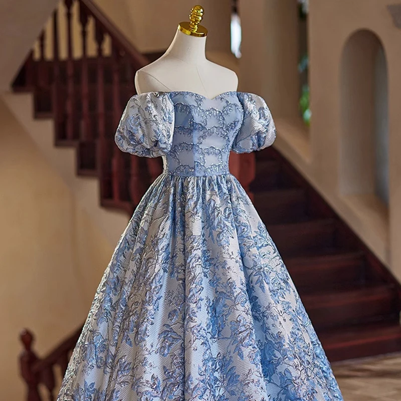 Фото Вечернее платье AnXin SH Princess из серого атласа с вырезом-лодочкой, синими цветочными аппликациями, пышными рукавами, блестящее, для сцены, бальное, на шнуровке, для вечеринок, на заказ №5