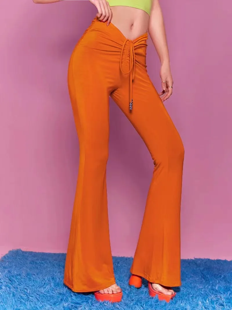 

Women's Trousers 2023 New Fashion Temperament Solid Color Tie Pleated Elastic Waist Irregular Micro Boot Pants Casual Trousers