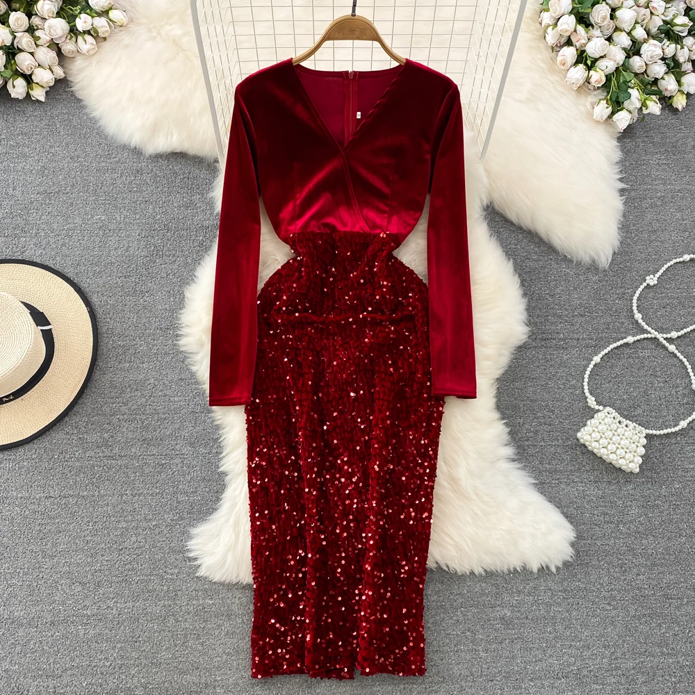 

Autumn and Winter Senior Sense of Socialite Temperament Long Sleeve V Neck Sequin Splicing Canary Velvet Wrap Hip Dress