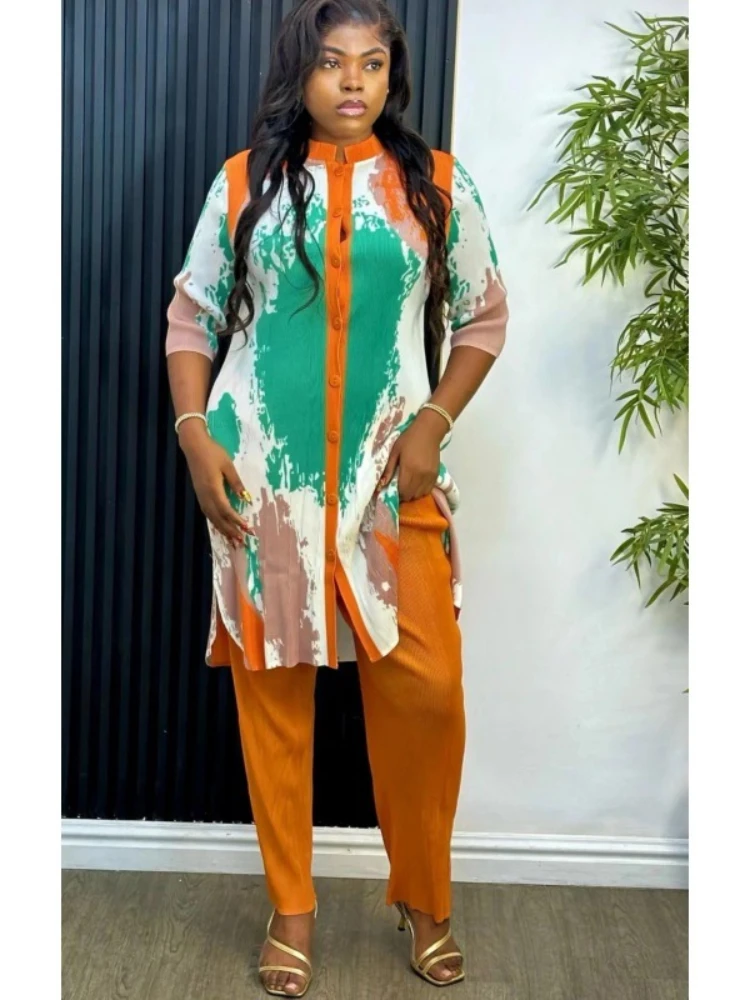 Женский брючный костюм EGRM Miyake однобортный Топ с длинным рукавом и свободные