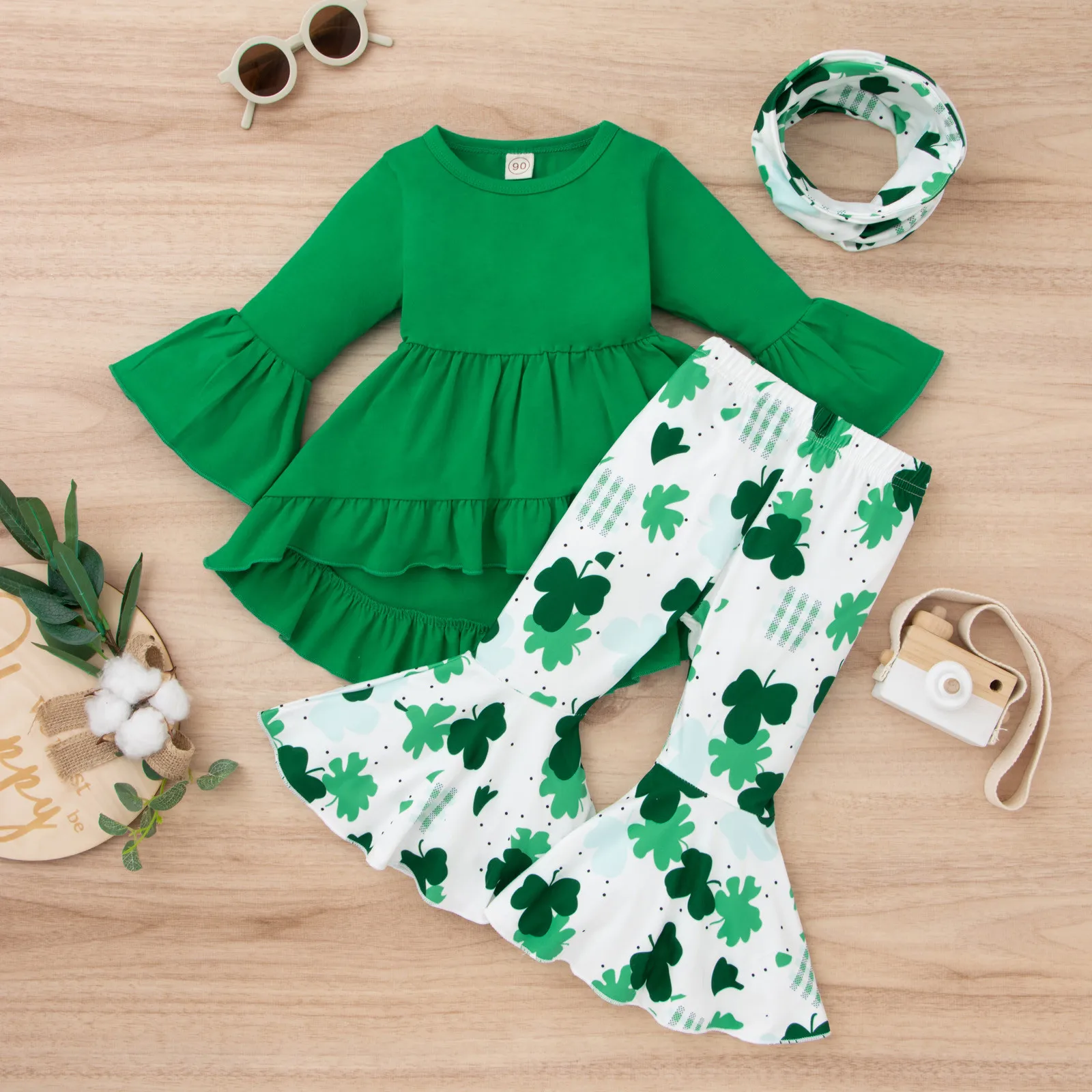 

Baby Girl St Patrick Day Clothes Set Long Sleeve Top Clover Print Flare Pants Neckerchief Spring Newborn Outfits For Girls