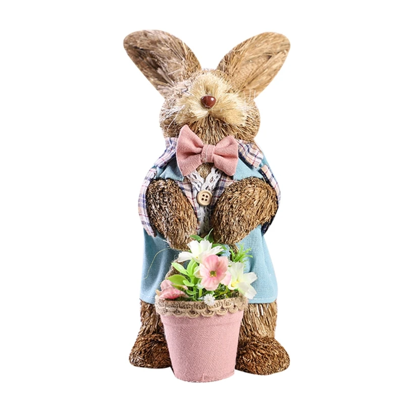 

Handicraft Easter Straw Bunny Ornament with Flower Basket Standing Rabbit for Do