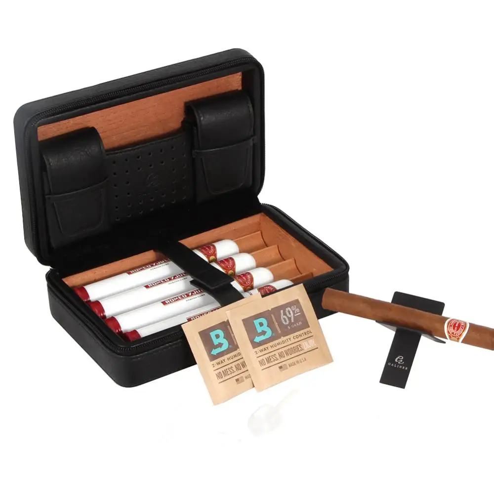 

GALINER Leather Humidor Box Travel Cigar Case Humidor Luxury Cedar Wood For 4 Cigars W/ Humidors Humidifier Cigar Holder