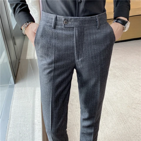 Мужские весенне-осенние новые модные деловые повседневные полосатые Костюмные брюки мужские однотонные прямые брюки мужские свободные хлопковые брюки