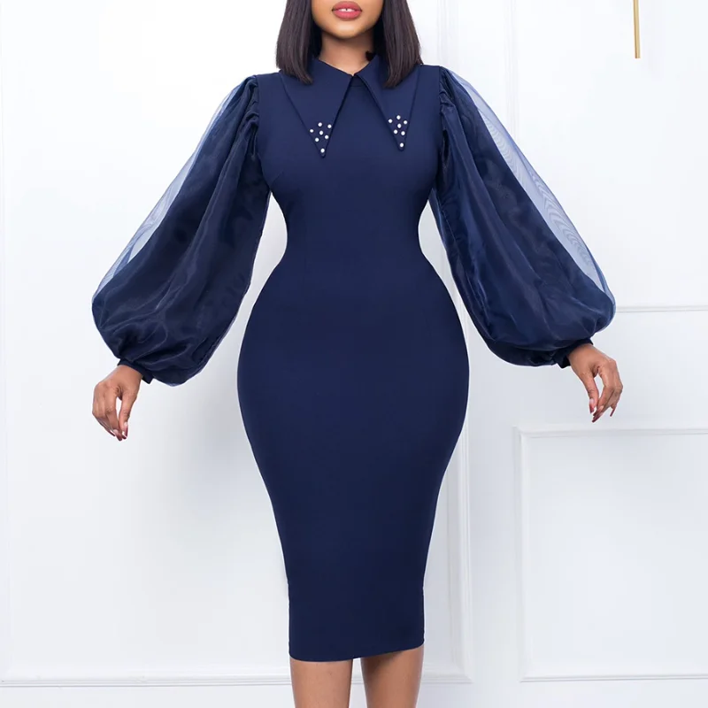 

Elegant Bodycon Midi Dress African Dresses for Women 2022 Daily High Waist Bandage Mesh Lantern Sleve Robe Femme African Clothes