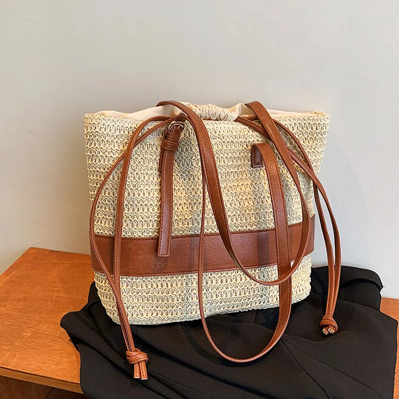 

Summer Straw Lady Handbags Women Designer Female Shoulder Bags For Women 2022 Sac Main Femme Large Capacity Tote Bucket Bag