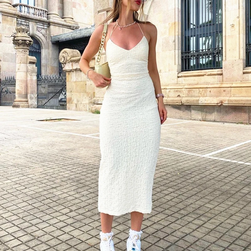 

Летнее облегающее платье с лямкой на шее и открытой спиной, Женские однотонные облегающие бандажные платья без рукавов с разрезом и открыто...