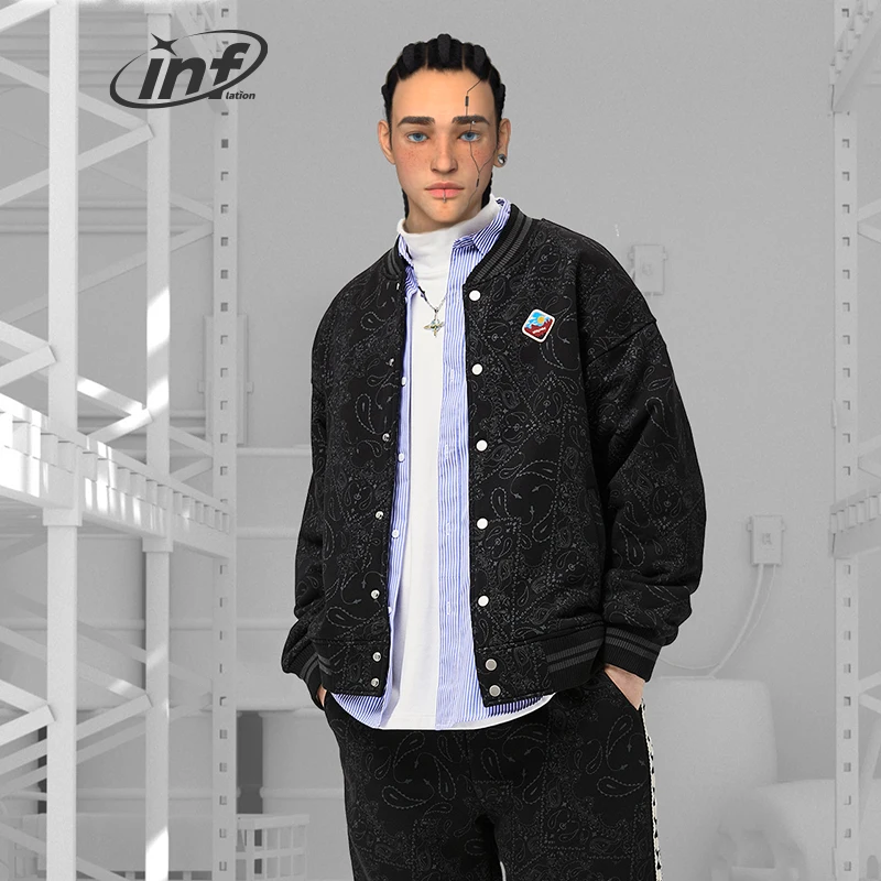 

INFLATION уличная винтажная бейсбольная куртка с пейсли, мужская куртка-бомбер на флисовой подкладке, мужская верхняя одежда