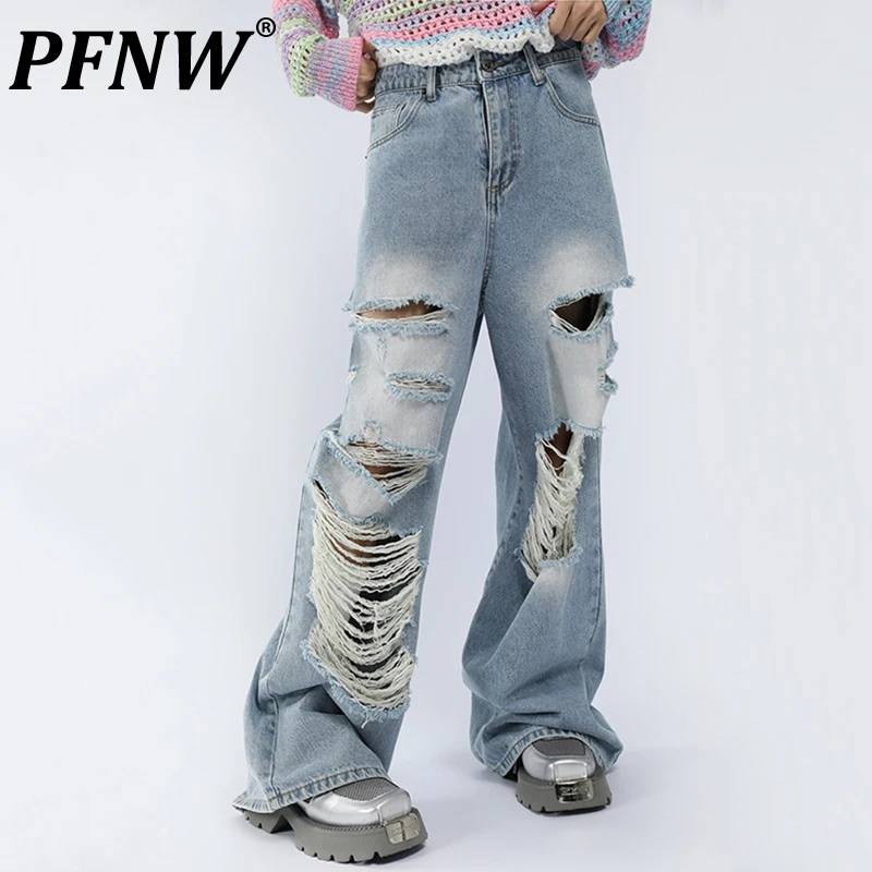 

PFNW Spring Autumn New Men's Straight Hole Jeans Damaged Worn Out Frayed Hiphop High Street Washed Trend Handsome Pants 28A3401