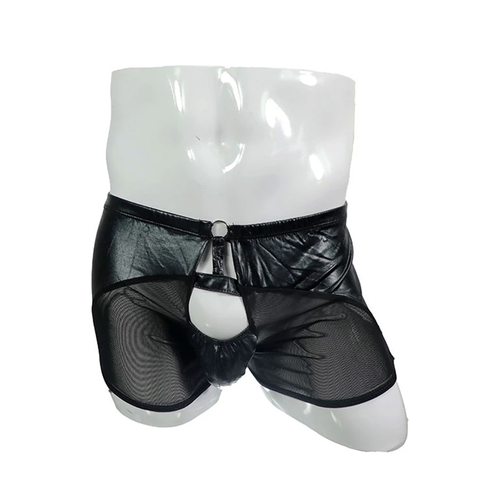 

Men Sheer Mesh Wet Look Faux Leather Patchwork Boxer Briefs Breathable Convex Pouch Erotic Underwear Hollow Shorts Underpants