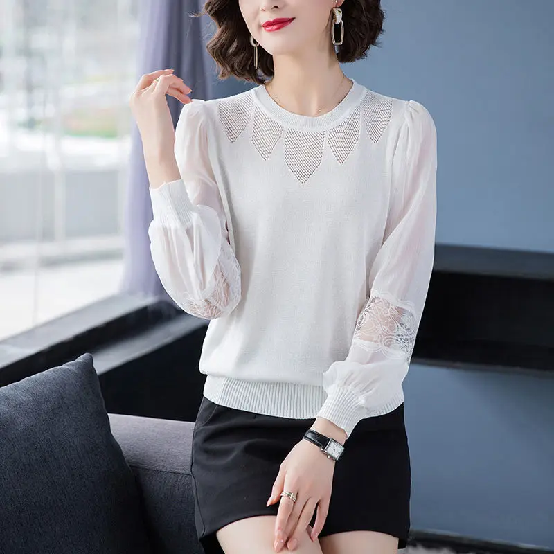 Autumn Winter Lace Patchwork Knitting Top Women Elegant Fashion All-match Sweater Ladies Solid Hollow Out Loose Casual Pullover