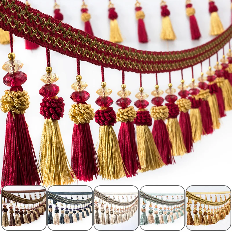 

1M/5M Double Color Braided Tassel Crystal Beads Trim Lace Fringe for Home Decor Curtain Accessories DIY Webbing Fabric Ribbon
