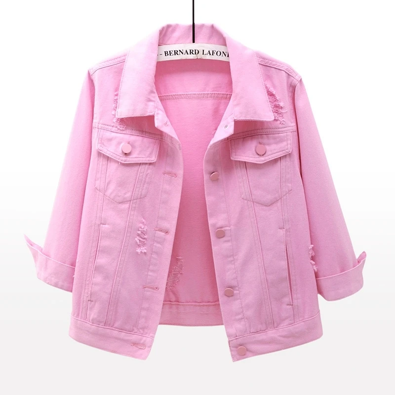 

Fashion Pink White Denim Jacket Coat Women Slim Short Cowboy Outerwear Frayed Pocket Three Quarter Sleeve Jeans Jackets Female