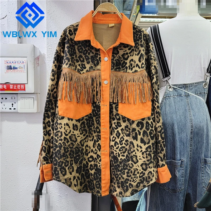 

Leopard Print Denim Jacket Women Tassel Fashion Patchwork Lapel Long Sleeve Jeans Jacket Womens Streetwear Loose Jeans Coat