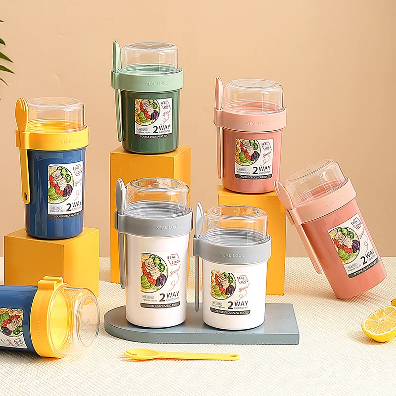 

Portable Salad Cup With Lid Spoon Sauce Box Plastic Double Layer Oatmeal Breakfast Cup Yogurt Nut Fat-Reducing Container