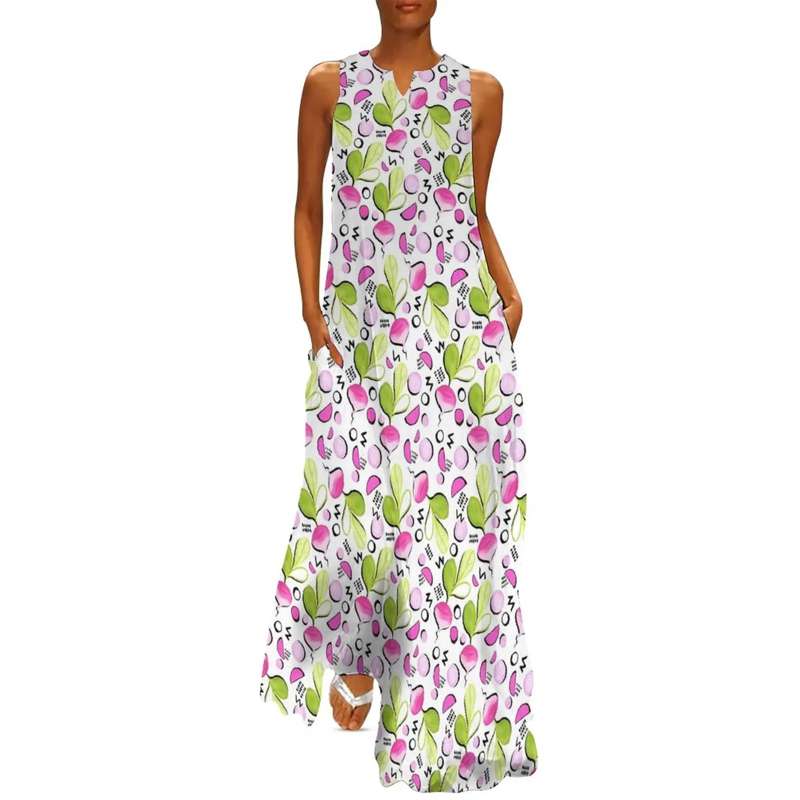 

Radishes Print Dress Vegetable Vintage Maxi Dress Streetwear Bohemia Long Dresses Spring Sleeveless Graphic Vestidos Large Size
