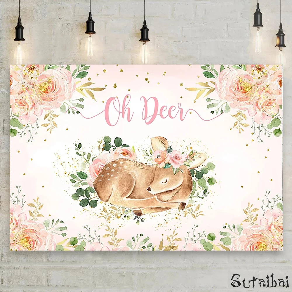 

Oh Deer Baby Shower Backdrop Pink Floral Girls Woodland Custom Photo Studio Kids Birthday Backdrop Background Vinyl Decor Banner