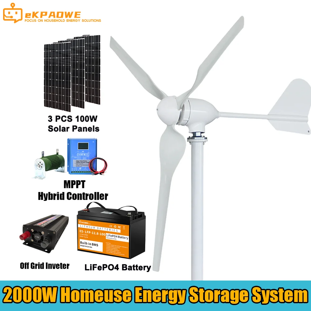 

2000W 24V 48V 96V 3 Blades Horizontal Wind Turbine Generator Windmill With MPPT Charger Controller and Off Grid Inverter System