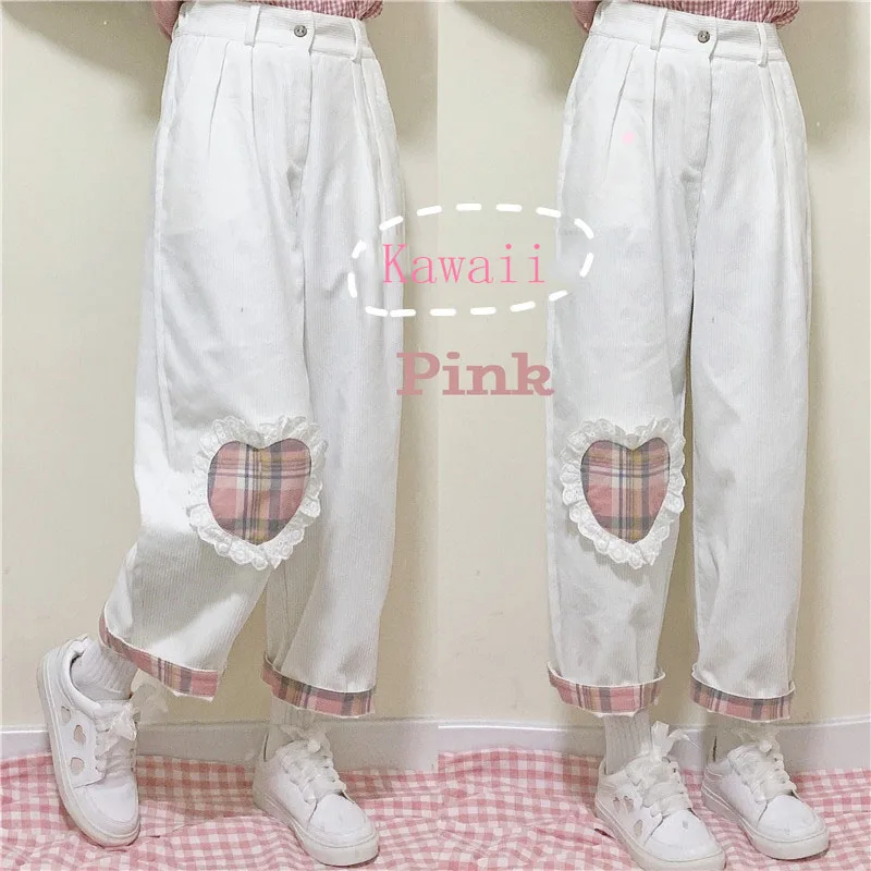 

Japanese Harajuku Wild Cute Soft sister Casual Corduroy Kawaii Straight Pants Teen Girls Love Heart Patch Loose Students Pants