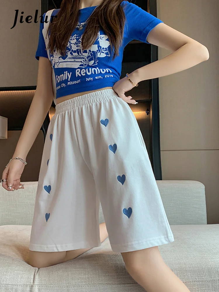 

Loving Heart Embroidery Sweet Girls Shorts Women Summer Thin Casual Sports Short Pants Female Black White Wide Leg Pants